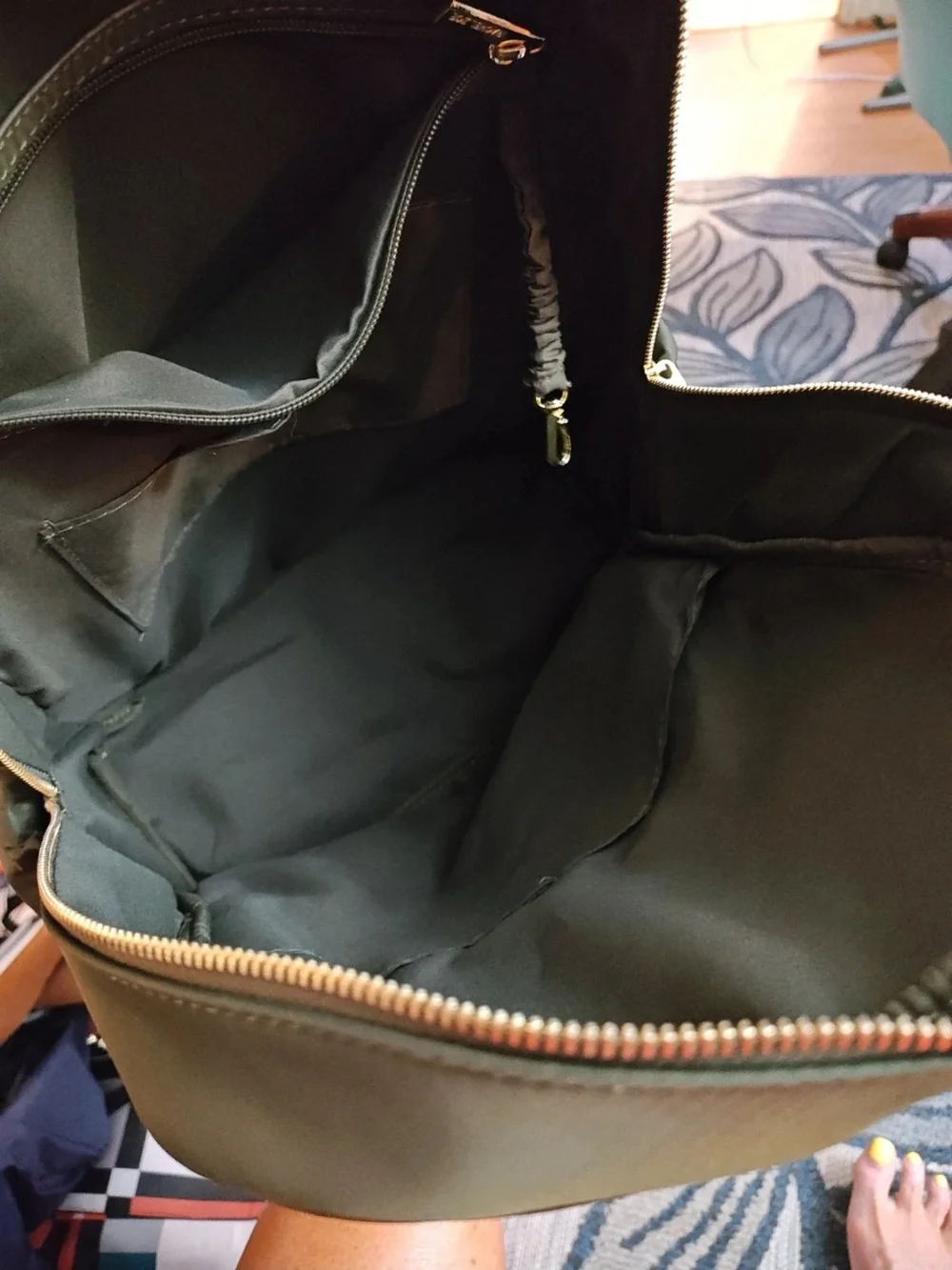 Rachel Zoe Green Backpack with Gold Logo Plaque